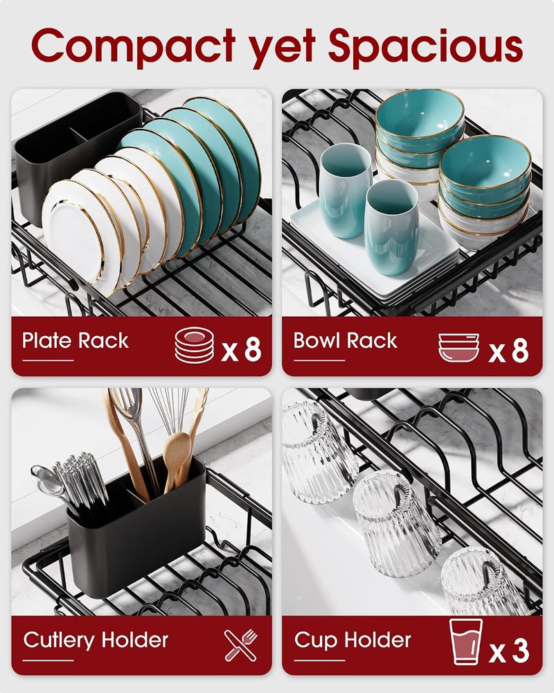 Sakugi In-Sink Expandable Dish Drying Rack with Cup Holders, 15.4" x 9.8", Black — view 3