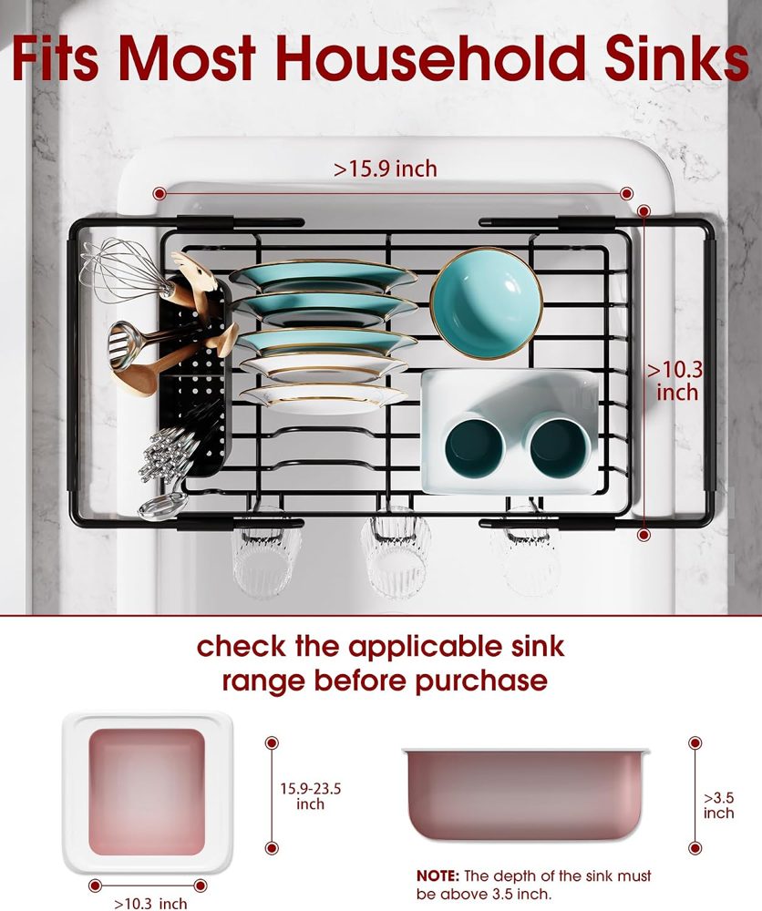 Sakugi In-Sink Expandable Dish Drying Rack with Cup Holders, 15.4" x 9.8", Black — view 4