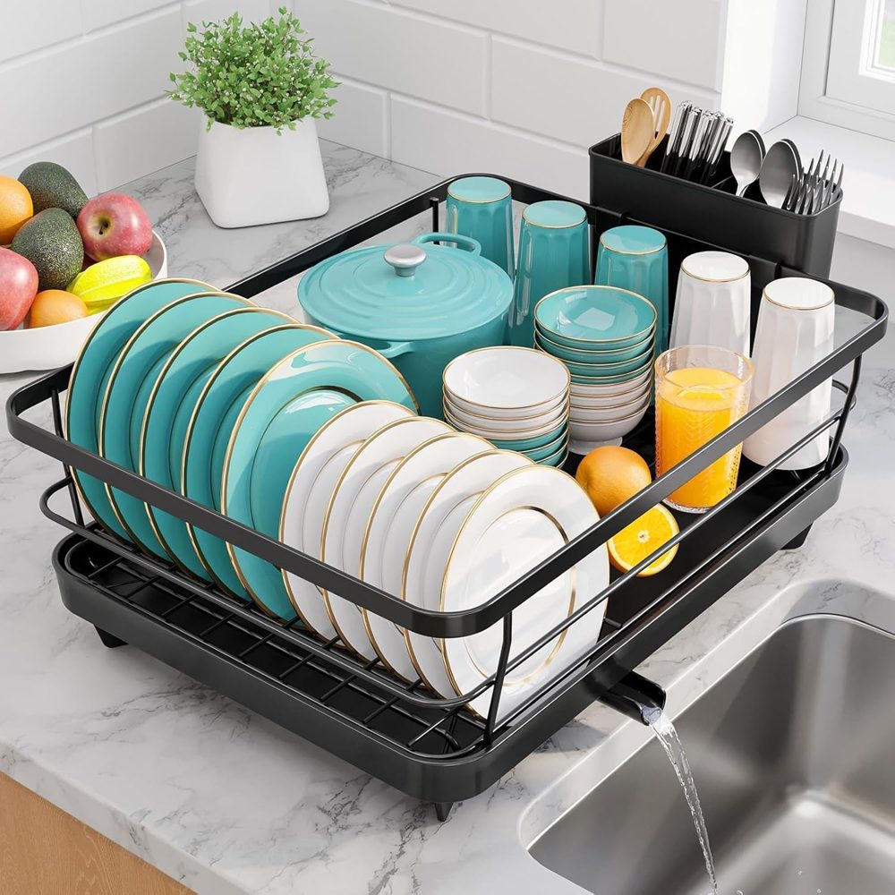 Sakugi Stainless Steel Dish Drying Rack with Drainboard, 15.6" x 12", Black — view 2