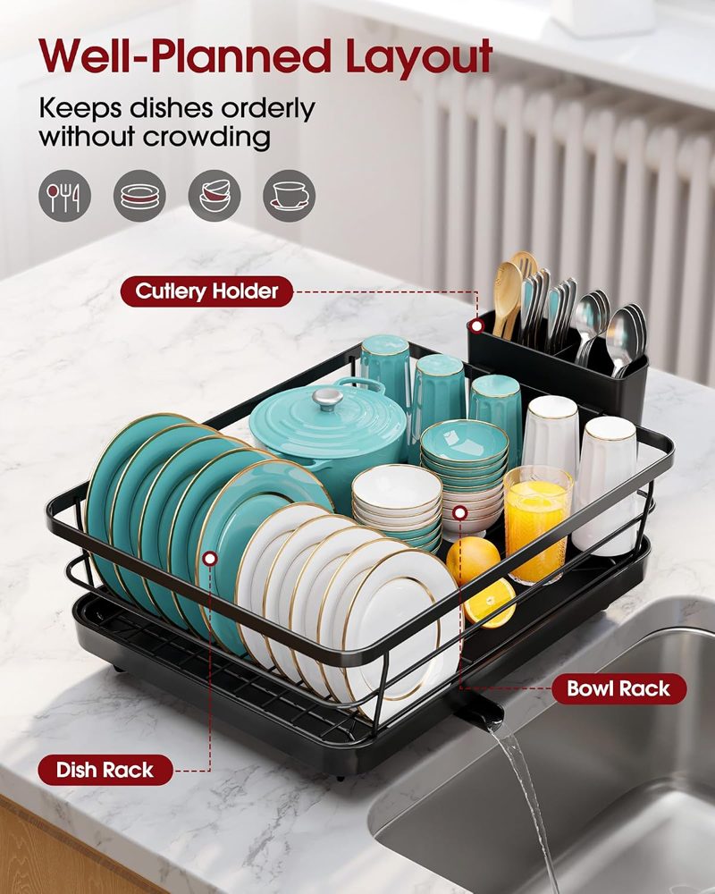 Sakugi Stainless Steel Dish Drying Rack with Drainboard, 15.6" x 12", Black — view 3