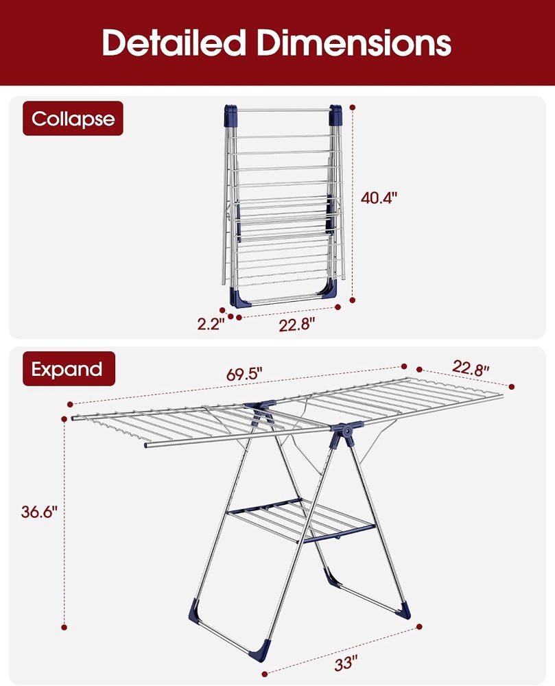 Sakugi Wing Clothes Drying Rack, 69.5" Adjustable Wings, Foldable — view 4